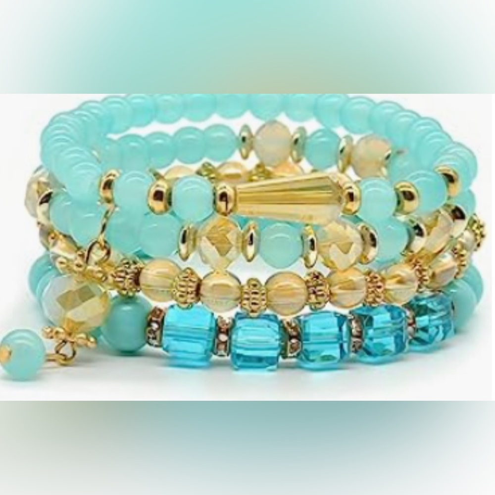 NEW Set of 4 bohemian beaded blue stretch bracelets